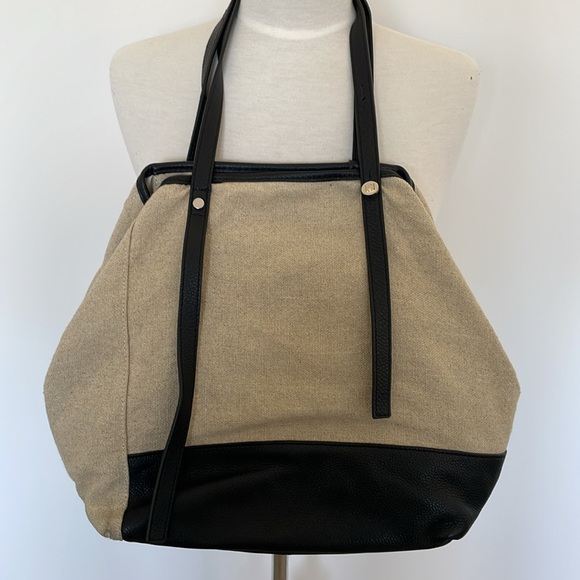 CHRISTOPHER KON - Natural Linen and Black Leather Tote with Adjustable Handles - Picture 2 of 13